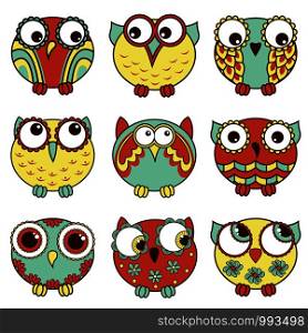 Set of nine cartoon cute and funny various oval owls isolated on the white background, vector outlines as icons