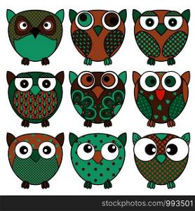 Set of nine cartoon cute oval owls in various pattern and dark colors isolated on the white background, vector outlines as icons