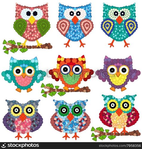 Set of nine colorful ornamental owls with circle elements isolated over white background, cartoon vector illustration
