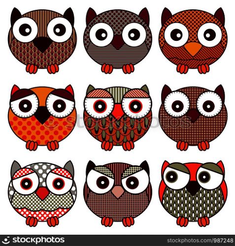 Set of nine cute and funny oval owls with various isolated on the white background, cartoon vector black outlines as icons