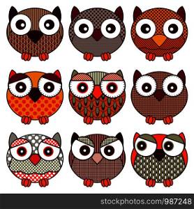Set of nine cute and funny oval owls with various isolated on the white background, cartoon vector black outlines as icons
