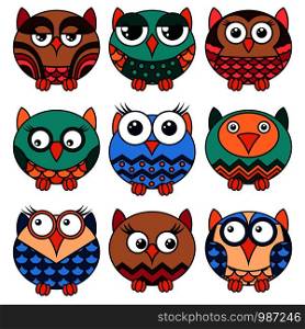 Set of nine cute and funny various oval owls isolated on the white background, cartoon vector black outlines as icons