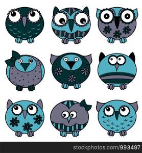 Set of nine cute cartoon oval owls in various pattern isolated on the white background, cartoon vector outlines as icons