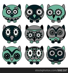 Set of nine cute oval owls in dark turquoise, blue and violet colors isolated on the white background, cartoon vector black outlines as icons