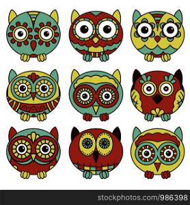 Set of nine cute oval owls in muted blue, red and green colors isolated on the white background, cartoon vector black outlines as icons