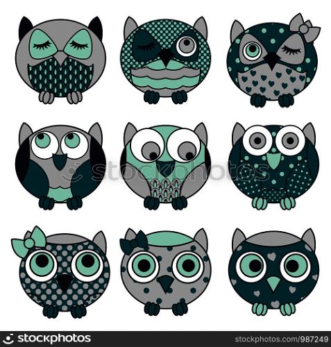 Set of nine cute oval owls in various pattern and dark colors isolated on the white background, cartoon vector black outlines as icons