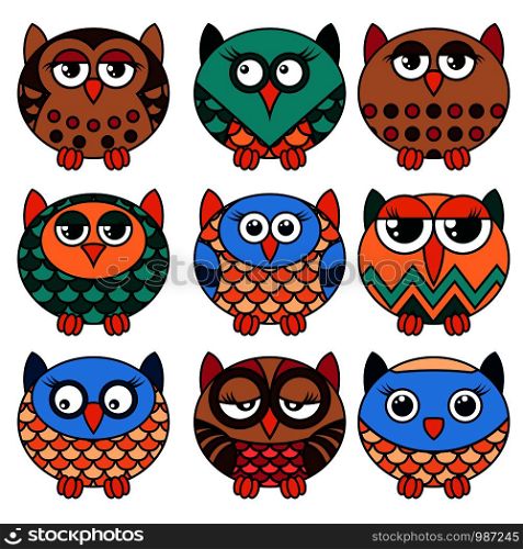 Set of nine cute oval owls in various pattern isolated on the white background, cartoon vector black outlines as icons
