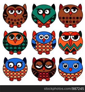 Set of nine cute oval owls in various pattern isolated on the white background, cartoon vector black outlines as icons