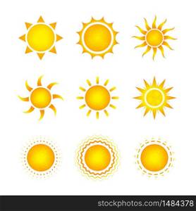 Set of nine different bright sun icons isolated on white. Set of nine different bright sun icons on white