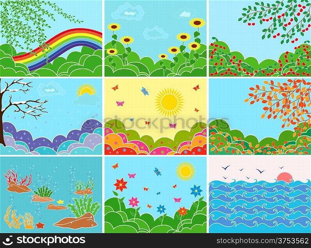 Set of nine different pictures depicting various locations and seasons; multicolor vector illustrations. Set of nine various locations and seasons
