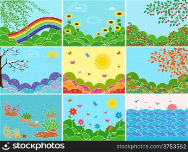 Set of nine different pictures depicting various locations and seasons; multicolor vector illustrations. Set of nine various locations and seasons