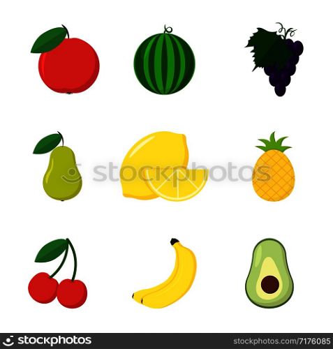 set of nine fruits in flat style, vector. set of nine fruits in flat style