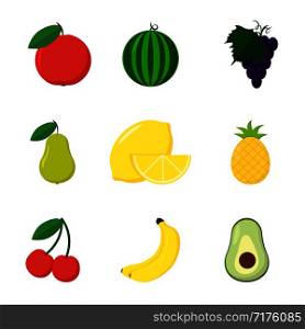 set of nine fruits in flat style, vector. set of nine fruits in flat style
