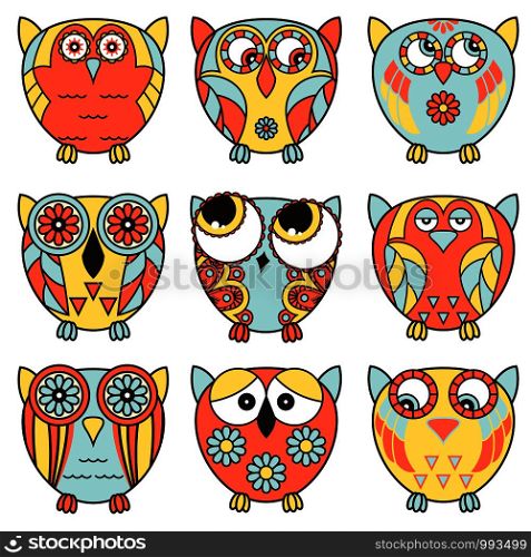 Set of nine funny cartoon owls placed in oval forms with various pattern isolated on the white background, vector illustration as icons