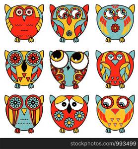 Set of nine funny cartoon owls placed in oval forms with various pattern isolated on the white background, vector illustration as icons