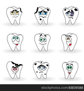 Set of nine funny cartoon teeth with various face, color vector illustrations
