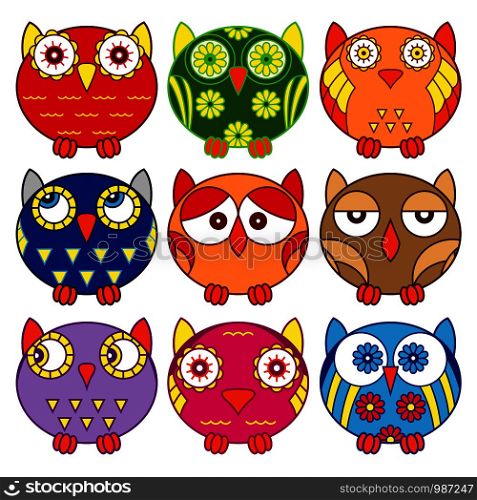 Set of nine funny owls placed in oval forms with various pattern and in bright colors isolated on the white background, cartoon vector illustration as icons