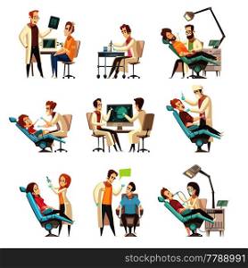 Set of nine isolated cartoon dentistry scenes  with patient in medical armchair and working dentist flat vector illustration . Set Of Nine Isolated Cartoon Dentistry Scenes