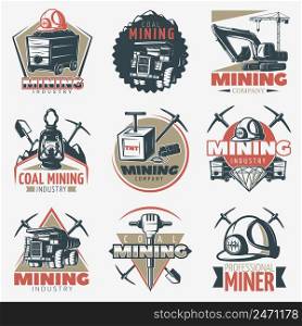Set of nine isolated vintage mining industry with professional equipment and technics twibill coal pick symbols vector illustration. Coal Mining Emblems Set