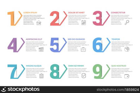 Set of nine numbers with place for your text, can be used as steps, options, process design, workflow, vector eps10 illustration. Numbers