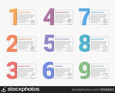 Set of nine numbers with place for your text, can be used as steps, options, process design, workflow, vector eps10 illustration. Numbers