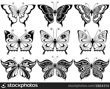 Set of nine ornamental stencils of beautiful butterflies isolated on a white background, hand drawing vector illustration