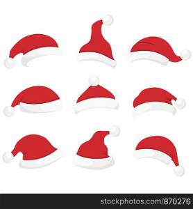 Set of nine Santa hats, vector illustration for New Year