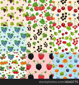 Set Of Nine Seamless Berries Patterns. Set of nine seamless berries patterns with twigs of red and black currant raspberry blueberry dewberry flat vector illustration