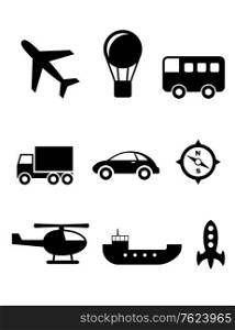 Set of nine silhouette transport icons with a plane, hot air balloon, bus, truck, car, compass, helicopter, boat and rocket