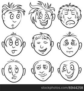 Set of nine various amusing male grimaces, sketching cartoon vector outlines isolated on the white background