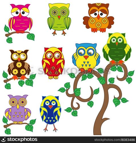 Set of nine various ornamental colorful owls and tree isolated on the white backgroun, cartoon vector childish illustration