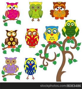 Set of nine various ornamental colorful owls and tree isolated on the white backgroun, cartoon vector childish illustration