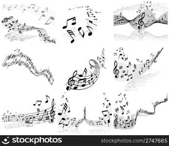 Set of nine vector musical notes staff
