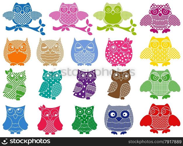 Set of nineteen colorful ornamental vector owl stencils isolated over white background. Set of nineteen ornamental owls