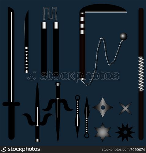 Set of Ninja Weapon isolated on dark background. Katana, Sai, Kusarigama, Nunchucks, Kunai, Stick, Shuriken. Vector Illustration for Design, Game, Card, Web.