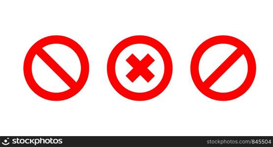 Set of no signs isolated. Red no cross symbol. Circle red warning icon. Template for button or web applications. EPS 10. Set of no signs isolated. Red no cross symbol. Circle red warning icon. Template for button or web applications.