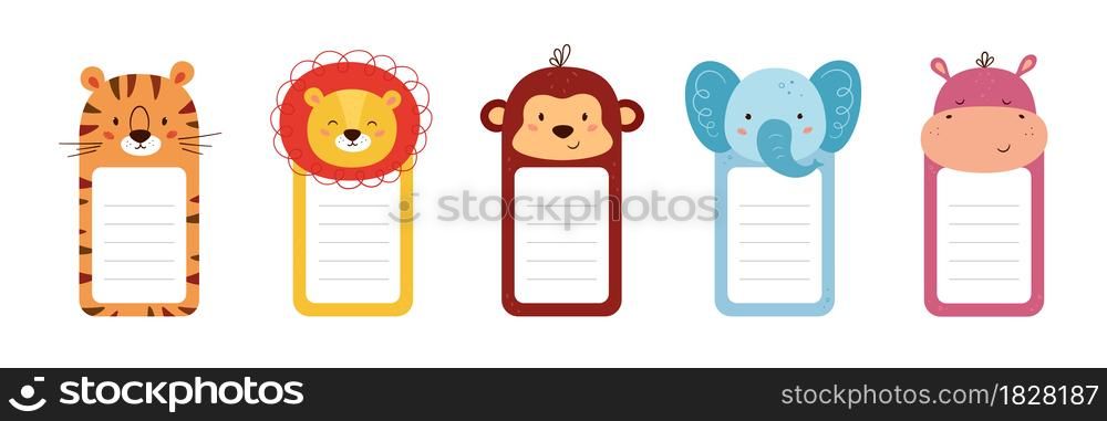 Set of note paper decorated animal heads. Cute animals sheet templates for diary, timetable, memo. Box with space for text. Vector illustrations isolated on white background.. Set of note paper decorated animal heads. Cute animals sheet templates for diary, timetable, memo. Box with space for text. Vector illustrations isolated on white background