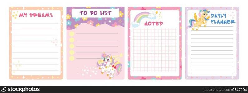 Set of notes and to do list with cute happy unicorns. Memo pages with magic horses. Timetable design with animals. Printable organizer sheets. Vector illustration.. Cute set of unicorn note pages vector