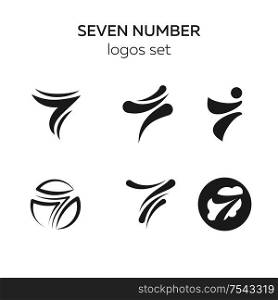 Set of number seven abstract logos, emblems, badges. Isolated on white background. 7 logo numbers modern black and white design. Vector illustration.