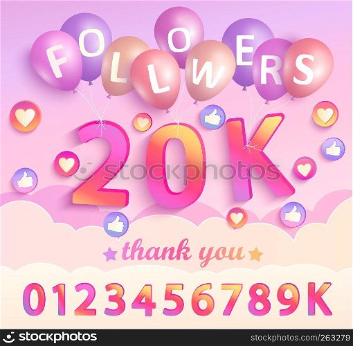 Set of numbers for Thank you followers design.Thanks followers congratulation card. Vector illustration for Social Networks. Web user or blogger celebrates and tweets a large number of subscribers.. Set of numbers for Thank you followers Design.