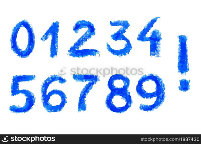 Set of numbers from zero to nine and an exclamation mark hand drawn by blue oil chalk and isolated on a white background. Vector illustration of grunge numbers