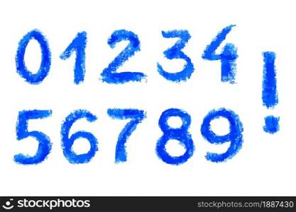 Set of numbers from zero to nine and an exclamation mark hand drawn by blue oil chalk and isolated on a white background. Vector illustration of grunge numbers