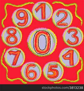 Set of numbers from zero to nine are placed in a circle, hand drawing vector illustration
