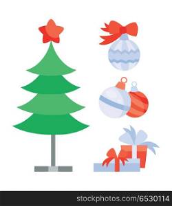 Set of Objects for Creation Christmas Holiday Tree. Set of objects for creation New Year and Christmas tree or greeting cards. Gift boxes, presents, surprise, fir tree, balls. Elements for xmas posters banners design in flat style. Vector illustration