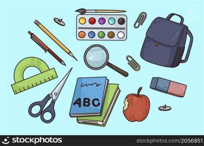 Set of objects for learning or studying. Colorful collection of pupil or student school supplies, backpack, books, scissors, notebook, magnifier and pens. Education concept. Vector illustration. . Colorful set of school supplies for pupil