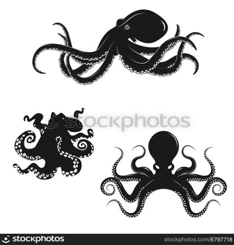 Set of octopus silhouettes isolated on white background. Seafood. Design elements for logo, label, emblem, sign, badge, brand mark, restaurant menu, poster. Vector illustration.