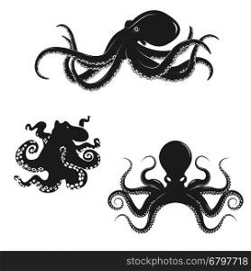 Set of octopus silhouettes isolated on white background. Seafood. Design elements for logo, label, emblem, sign, badge, brand mark, restaurant menu, poster. Vector illustration.