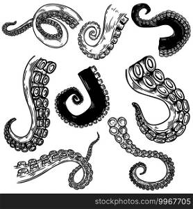 Set of octopus, squid tentacles  in engraving style. Design element for logo, label, emblem, sign, badge. Vector illustration