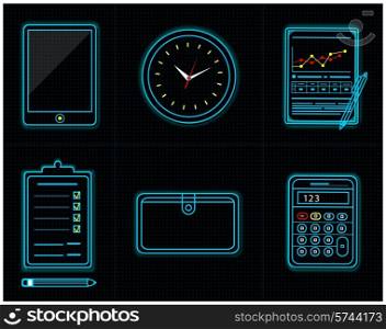 Set of office and business work elements neon icon