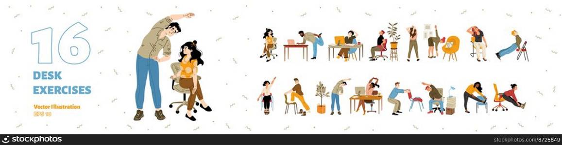 Set of office employees exercising, flat vector illustration isolated on white background. People taking break from work to get rest, relax and remove muscle soreness. Training with chair and desk. Set of office employees exercising, flat vector
